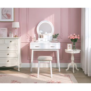 Sunvega Pink Finish Vanity Dresser with Mirror and Stool Set LED Light