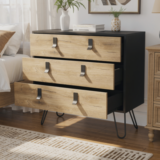 Sunvega White and Macadamia 3-Drawer Dresser with Contemporary Metal Handles and Wooden Legs