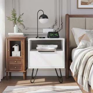 Sunvega Single Door Cabinet Nightstand with Hairpin Legs and Two Shelves
