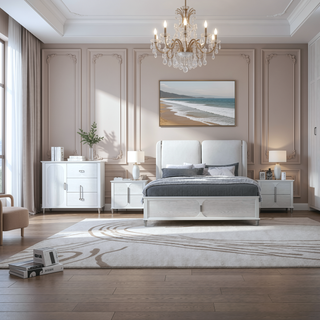 Sunvega White Upholstered Chest with Textured Drawer Fronts and Acrylic Legs