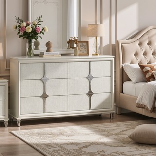 Sunvega Pearl White 6-Drawer Dresser with Mirror Fronts and Jewelry Tray