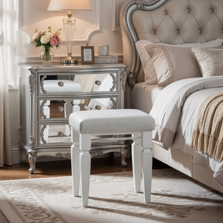 Sunvega Modern Glam Silver Finish Tufted Faux Leather Vanity Stool with Foam Cushion