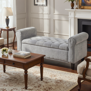 Sunvega Upholstered Tufted Storage Ottoman Bench with Rolled Arms for Bedroom
