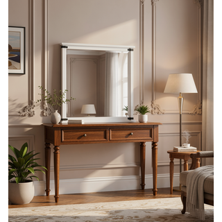 Sunvega Rectangular Antique White Wood Mirror for Modern Bedroom Décor
