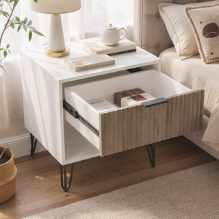 Sunvega Modern Glam Nightstand with Gold Metal Legs and Textured Drawer