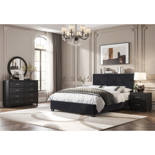 Sunvega Black Faux Leather Nightstand with Two Drawers and Silver Bar Pulls