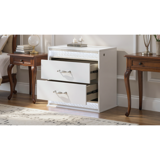 Sunvega Glam Modern White Wood Nightstand with LED Lights and Velvet Lined Drawer