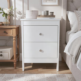 Sunvega Compact White Nightstand with 2 Smooth-Gliding Drawers for Bedroom Storage
