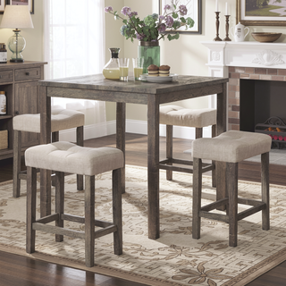Sunvega Transitional Farmhouse Counter Height Dining Set with Gray Table and Beige Fabric Stools
