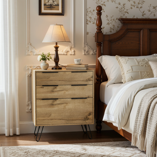 Sunvega Light Oak Dresser with Three Drawers and Superior Top on Hairpin Legs