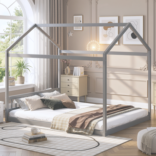 Sunvega Queen Size White House Shaped Bed with Headboard Made of Pine Wood