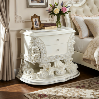 Sunvega Antique White Finish Nightstand with 2 Scrolled Floral Storage Drawers