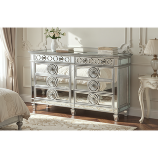 Sunvega Mirrored Nightstand with Geometric Trim and Crystal Knobs for Bedroom