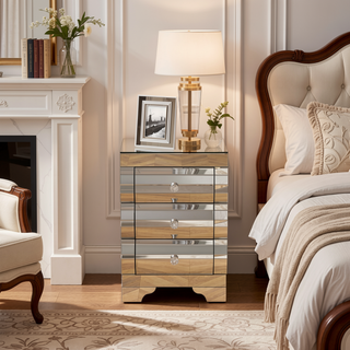 Sunvega Modern Handcraft Mirror Nightstand with 3 Drawers for Bedroom Silver