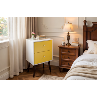 Sunvega Modern White and Brown Nightstand with 2 Drawers for Bedroom