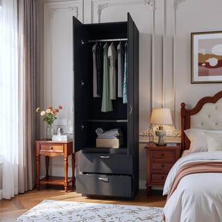 Sunvega Wenge 2-Door 2-Drawer Wardrobe with Hanging Rod for Bedroom