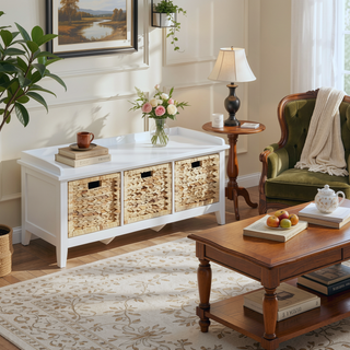 Sunvega Low-Profile Storage Bench with Three Spacious Brown Rattan Drawer Baskets