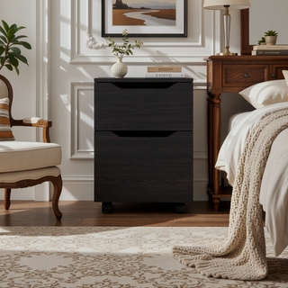 Sunvega Black Wood Modern Two-Drawer Rolling Mobile Nightstand for Bedroom
