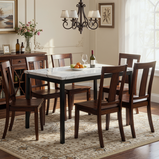 Sunvega Casual Square Metal Dining Table with Faux Marble Top and Black Legs