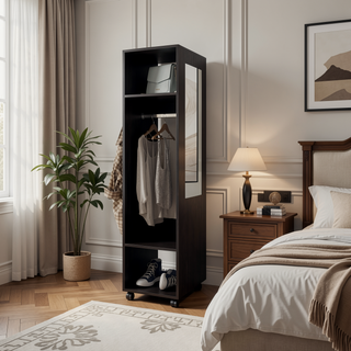 Sunvega White Armoire with Three Shelves Full-Length Mirror and Four Wheels