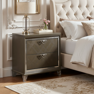 Sunvega Dark Champagne Nightstand with Two Drawers and Mirror Trim