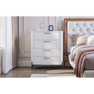 Sunvega White 4 Drawer Chest with Reeded Fronts and Metal Accent Base