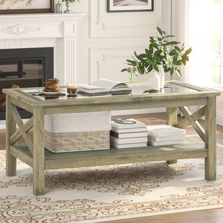 Sunvega Modern Farmhouse Coffee Table with Tempered Glass Top and Storage Shelf