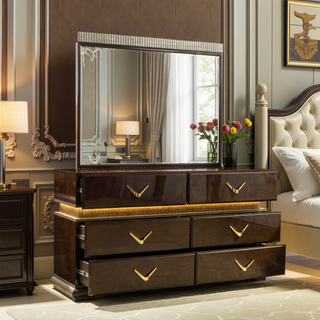 Sunvega Modern Brown Dresser with LED Lights and Six Spacious Drawers