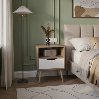 Sunvega Natural Oak and White Modern Nightstand with Drawer and Open Shelf