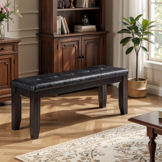 Sunvega Tufted Black PU Upholstered Wood Bench with Espresso Finish