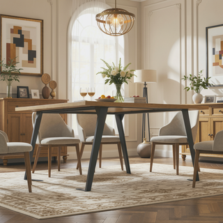 Sunvega Handcrafted Modern Industrial Square Dining Table for 8 with Solid Wood Oak Veneer