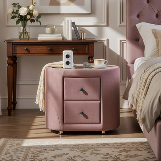 Sunvega Pink Velvet Upholstered Nightstand with Two Drawers and Chrome Metal Legs