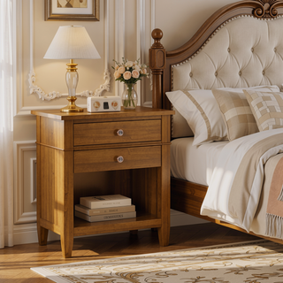 Sunvega Light Golden Brown Solid Wood Bedside Table with Two Spacious Drawers