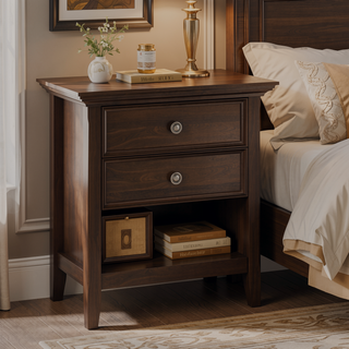 Sunvega Natural Aged Brown Solid Wood Bedside Table with Two Spacious Drawers