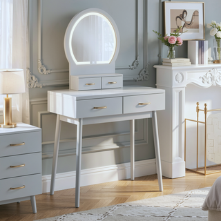 Sunvega Pink Finish Vanity Dresser with Mirror and Stool Set LED Light