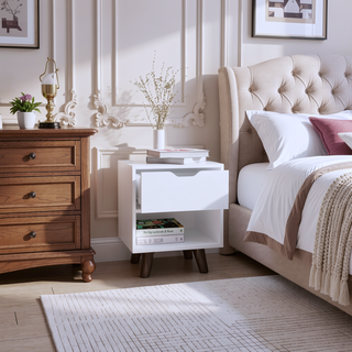 Sunvega Modern Nightstand with Open Shelf and Drawer on Wooden Legs for Bedroom