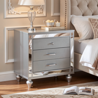 Sunvega Contemporary White High Gloss Lacquer Nightstand with Chrome Handles and USB Charger