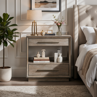 Sunvega Modern Two-Drawer Nightstand with Open Shelf in Warm Taupe Oak
