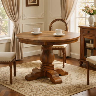 Sunvega Solid Wood Valentina Round Dining Table with Sculpted Pedestal Base