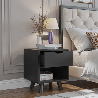 Sunvega Modern Nightstand with Open Shelf and Drawer on Wooden Legs for Bedroom
