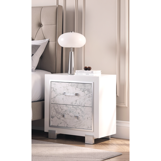 Sunvega Marble Style White Nightstand with Spacious Drawers and Knob Hardware
