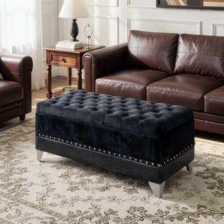 Sunvega Black Tufted Storage Trunk with Nailhead Trim and Metallic Legs