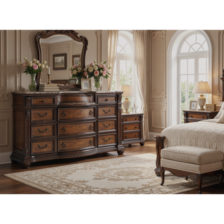 Sunvega Traditional Brown Cherry Finish Marble Top Three Drawer Nightstand