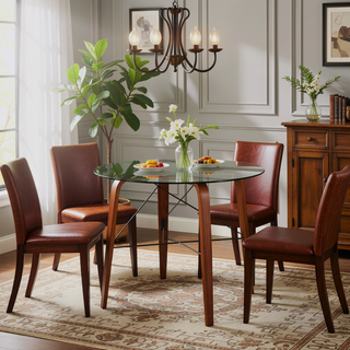 Sunvega Contemporary Round Walnut Wood Tripod Dinette Table with Tempered Glass Top