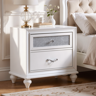 Sunvega White Nightstand with Two Spacious Drawers and Crystal Hardware