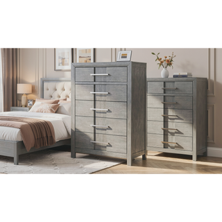 Sunvega Modern Gray Wood 5-Drawer Chest with Silver Handles for Bedroom