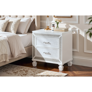 Sunvega Modern Crystal and Mirror Accent 2-Drawer Nightstand in White Finish