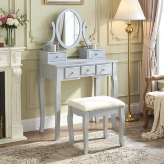 Sunvega Adjustable Oval Wooden Frame Vanity Table with Mirror and Stool