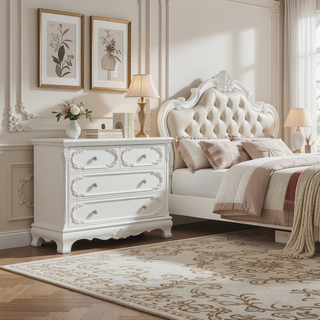 Sunvega White 2-Drawer Nightstand with Floral Motifs and Felt Lined Top