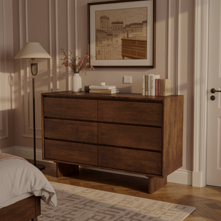 Sunvega Mid Century Modern Walnut Brown Dresser With Six Spacious Drawers
